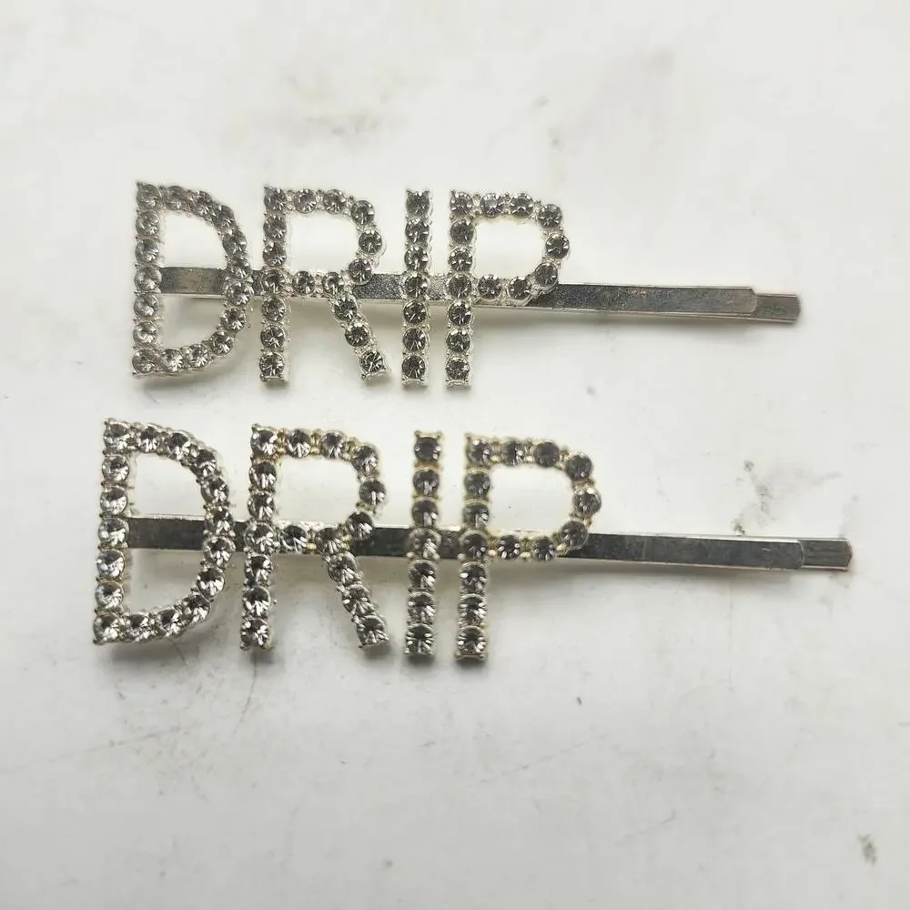 Rhinestone DRIP Hair Pins Silver Tone Crystal Letter Bobby Clip Pair Barrettes